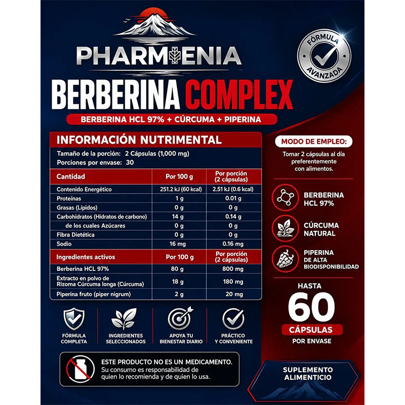 Berberina Complex 97% con Cúrcuma y Piperina - Pharmenia (60 Cápsulas)