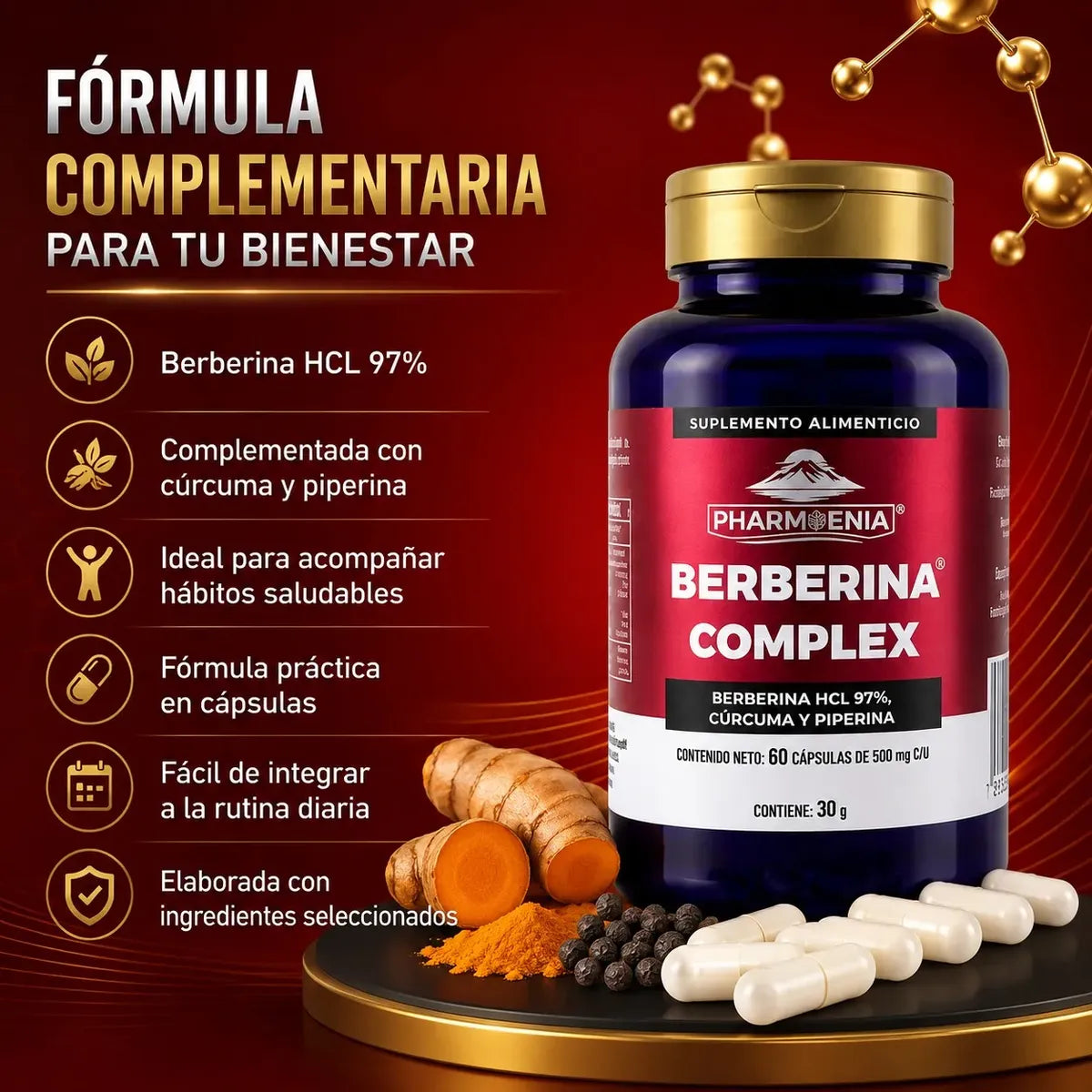 Berberina Complex 97% con Cúrcuma y Piperina - Pharmenia (60 Cápsulas)