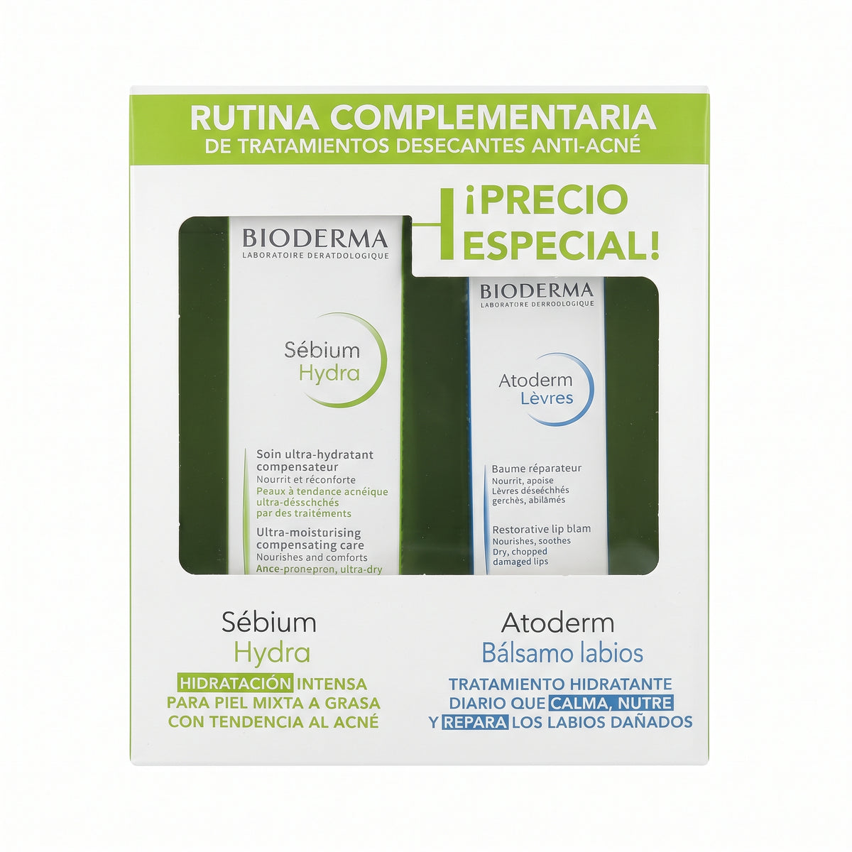 Dúo Bioderma Rutina Complementaria Anti-Acné: Sébium Hydra + Atoderm Lèvres