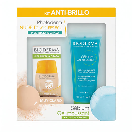 Dúo Bioderma Kit Anti-Brillo: Photoderm Nude Touch FPS 50+ (Tono Muy Claro) + Sébium Gel Moussant (100 ml)